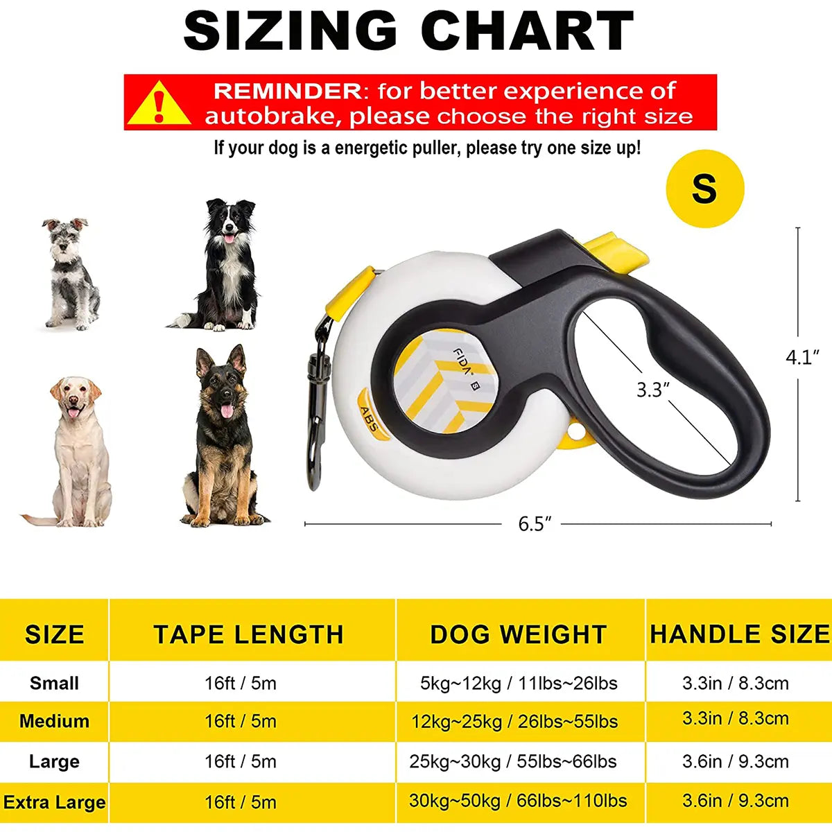 Fida Dog Leash, Autobrake Retractable Patented Design for Dog Pulling, 16 Ft Heavy Duty No Pull Pet Walking Leash for Large Medium Dogs. Tangle Free, One‑Hand Control, Soft Grip
