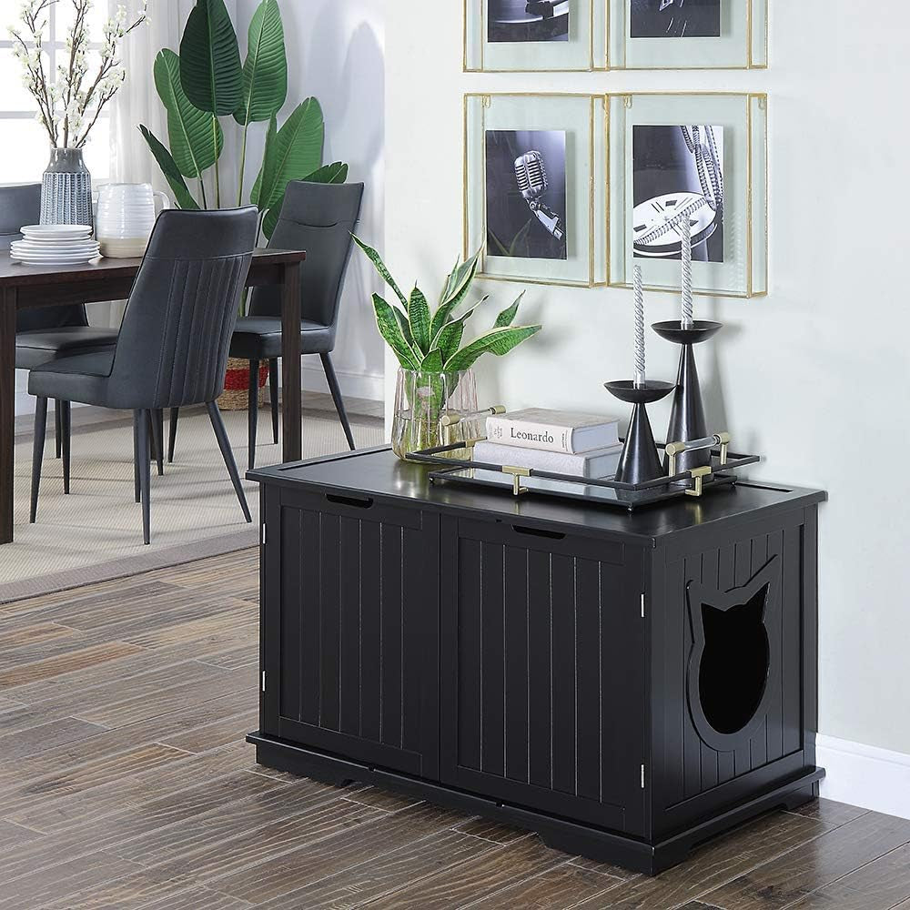 X-Large Designer Cat Washroom Storage Bench Cat Litter Box Enclosure Furniture Box House with Table (Black)