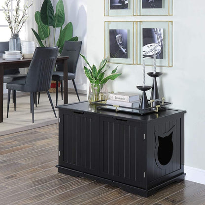 X-Large Designer Cat Washroom Storage Bench Cat Litter Box Enclosure Furniture Box House with Table (Black)