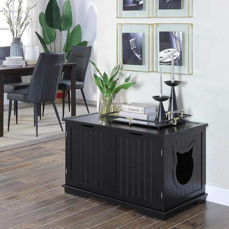 X-Large Designer Cat Washroom Storage Bench Cat Litter Box Enclosure Furniture Box House with Table (Black)