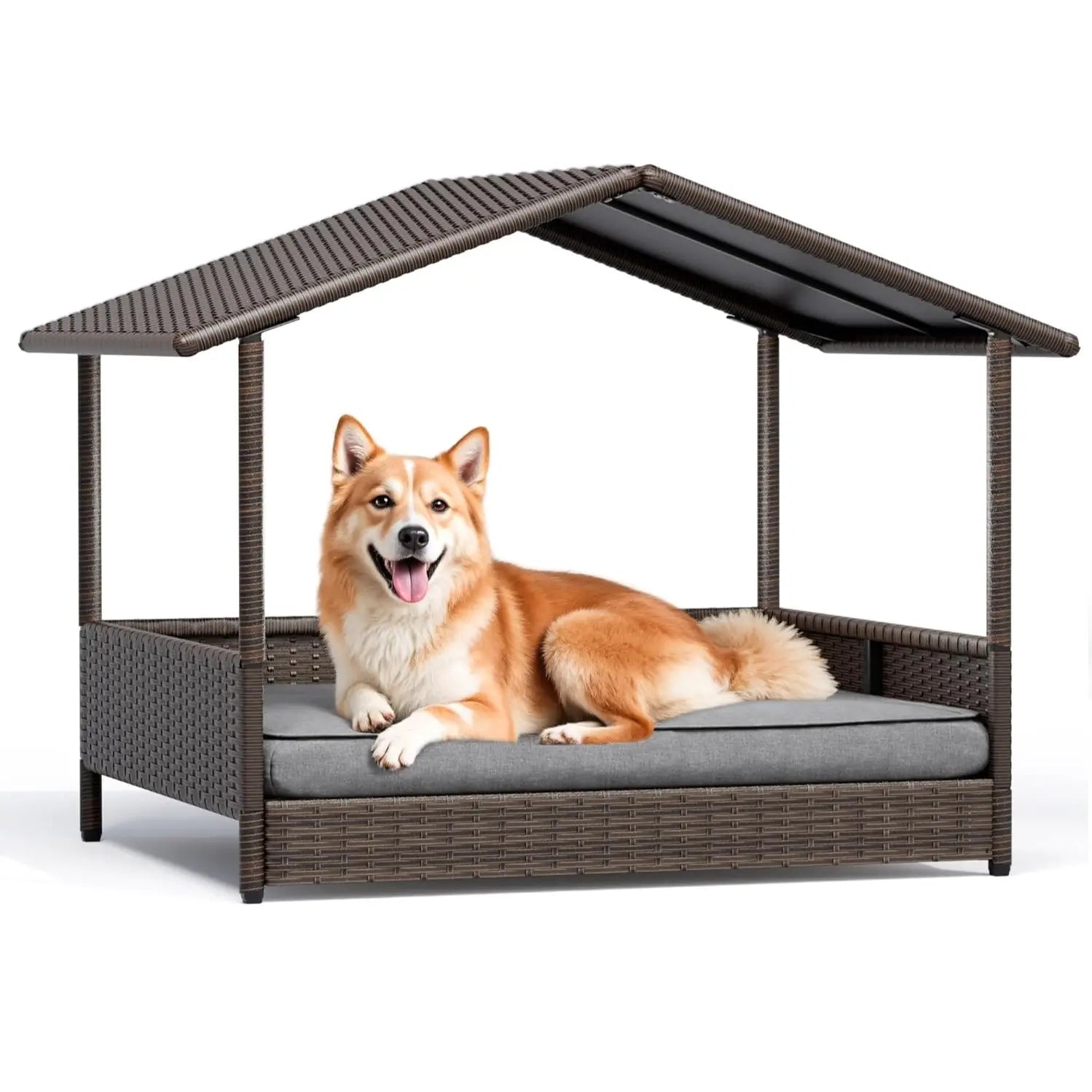 Warcat Wicker Dog House Outdoor Indoor Elevated Dog Shelter Dog Bed with Cushion, for Deck, Patio, Yard, Home 