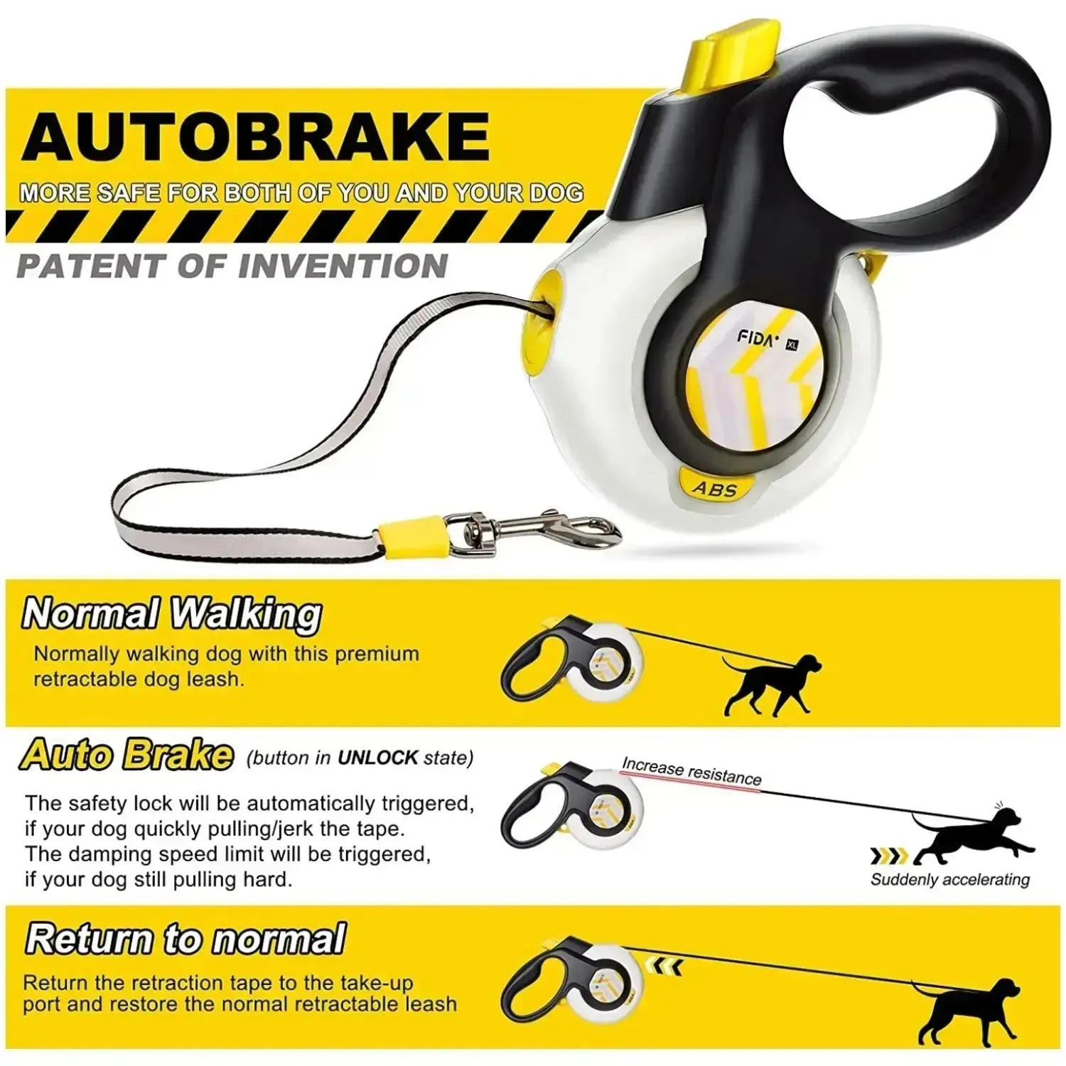 Fida Dog Leash, Autobrake Retractable Patented Design for Dog Pulling, 16 Ft Heavy Duty No Pull Pet Walking Leash for Large Medium Dogs. Tangle Free, One‑Hand Control, Soft Grip