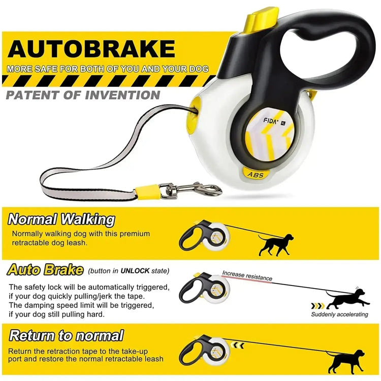 Fida Dog Leash, Autobrake Retractable Patented Design for Dog Pulling, 16 Ft Heavy Duty No Pull Pet Walking Leash for Large Medium Dogs. Tangle Free, One‑Hand Control, Soft Grip