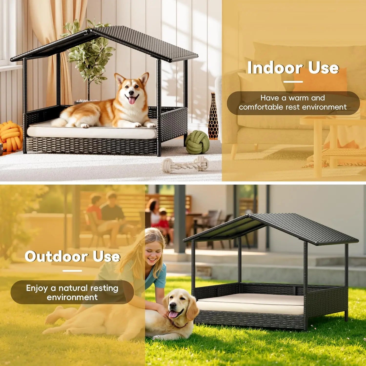 Warcat Wicker Dog House Outdoor Indoor Elevated Dog Shelter Dog Bed with Cushion, for Deck, Patio, Yard, Home 