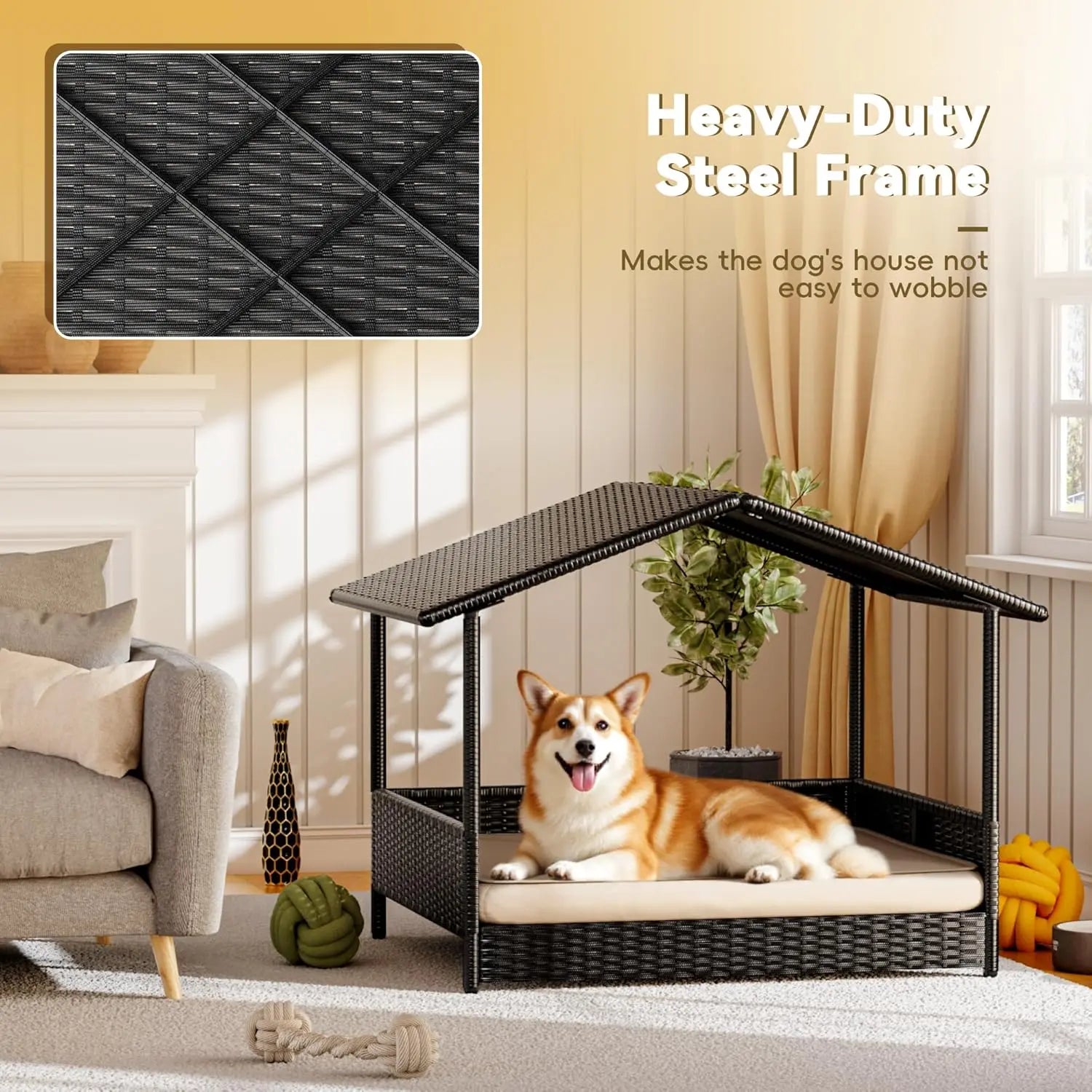 Warcat Wicker Dog House Outdoor Indoor Elevated Dog Shelter Dog Bed with Cushion, for Deck, Patio, Yard, Home 