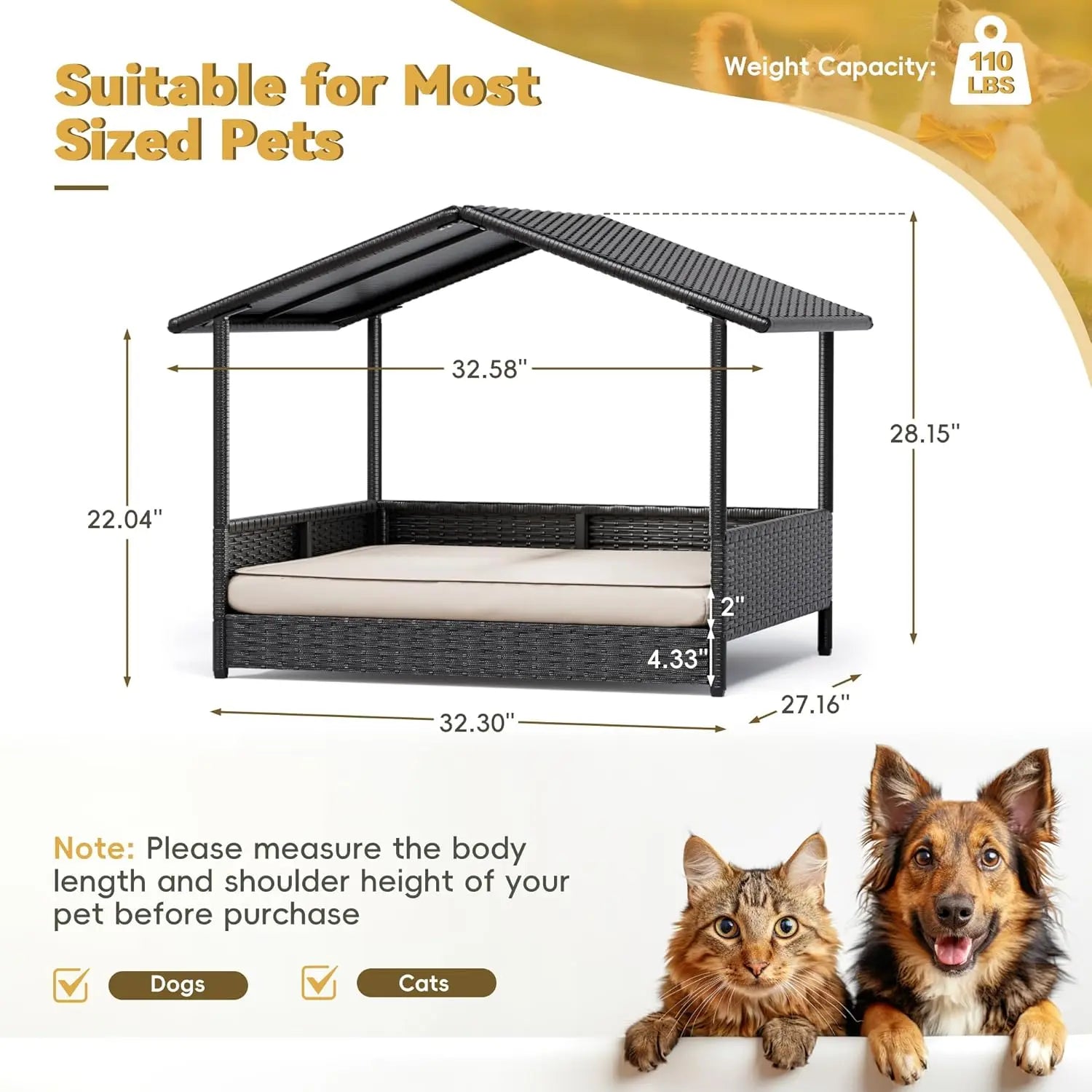Warcat Wicker Dog House Outdoor Indoor Elevated Dog Shelter Dog Bed with Cushion, for Deck, Patio, Yard, Home 