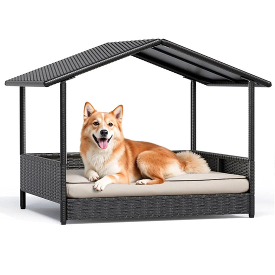 Warcat Wicker Dog House Outdoor Indoor Elevated Dog Shelter Dog Bed with Cushion, for Deck, Patio, Yard, Home 
